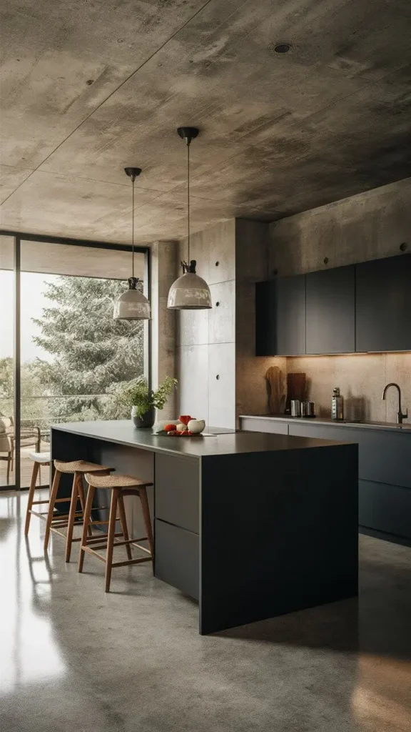 Modern kitchen with charcoal cabinets and concrete color ceiling.