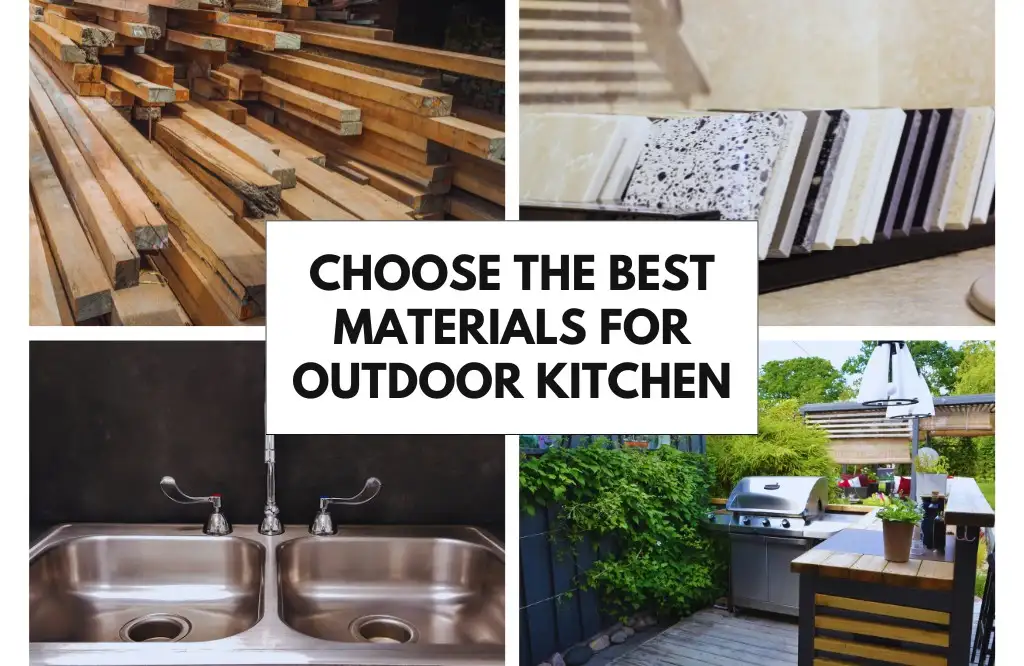 A collage of outdoor kitchen materials including wood, stone, and stainless steel sinks.