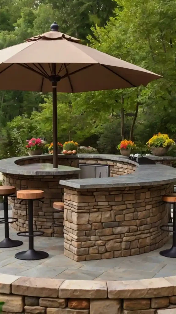 Round outdoor kitchen with stone counter, bar stools, umbrella, built-in grill, and colorful potted flowers in a lush green setting.