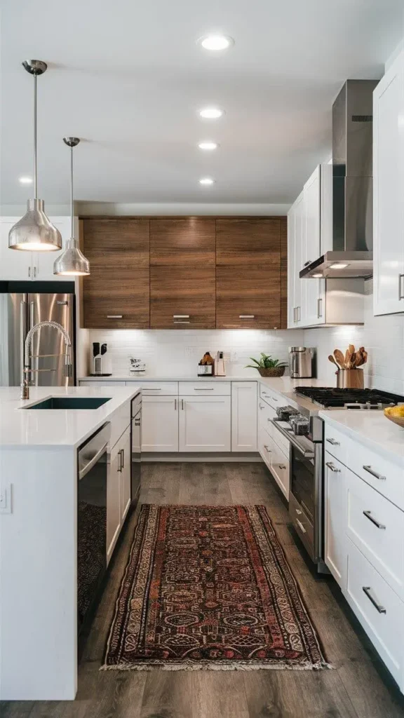 Modern kitchen with white color desing of cabinets, wood accents, and a patterned rug.
