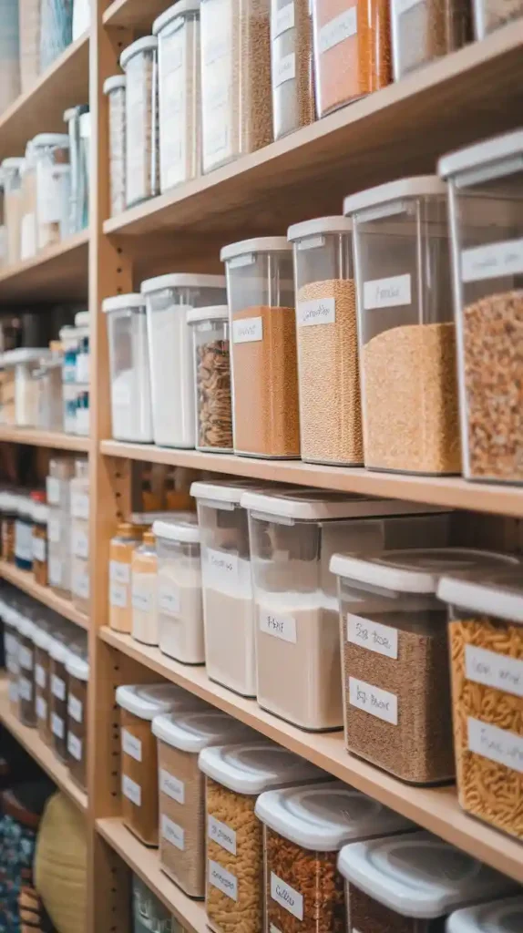 Organize your pantry with clear containers for optimal visibility and easy access to your dry goods.