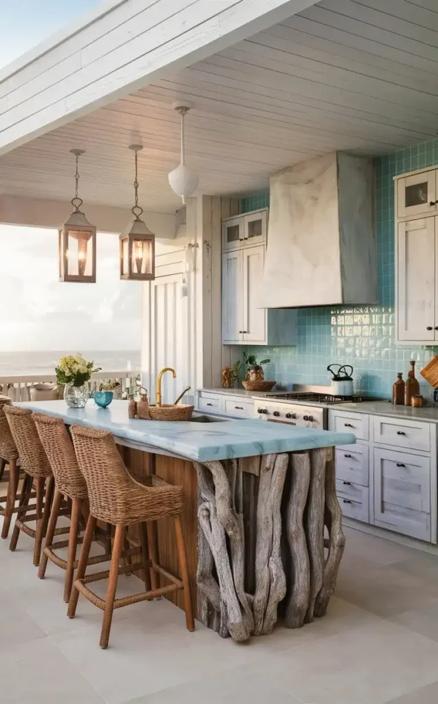 A coastal outdoor kitchen featuring a wooden island with a blue countertop, wicker bar stools, and a view of the ocean.