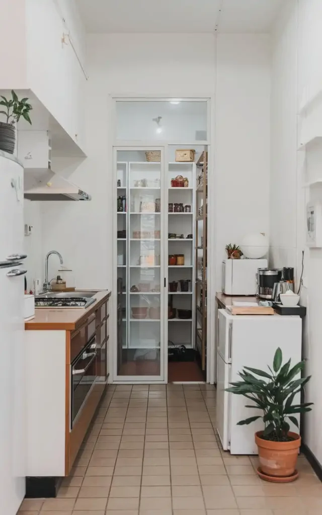 A compact kitchen featuring modern appliances, a pantry, and a small potted plant.