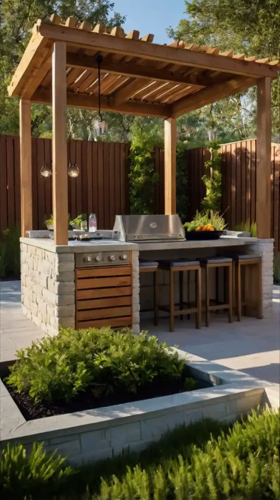 A small outdoor kitchen featuring a grill, bar seating, and a wooden pergola for shelter.