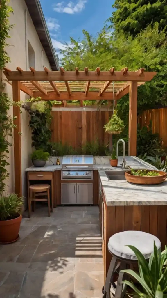 Compact outdoor kitchen with wooden pergola, marble countertops, built-in grill, sink, hanging plants, and stools in a cozy backyard.