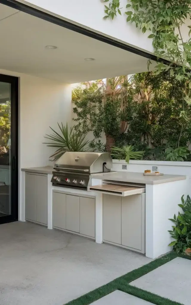 A sleek and compact outdoor kitchen featuring a grill and minimalist cabinetry, designed for small spaces.