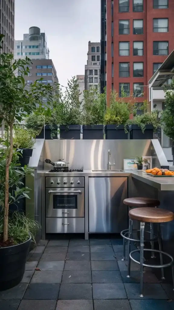 A compact urban outdoor kitchen with stainless steel appliances and greenery.