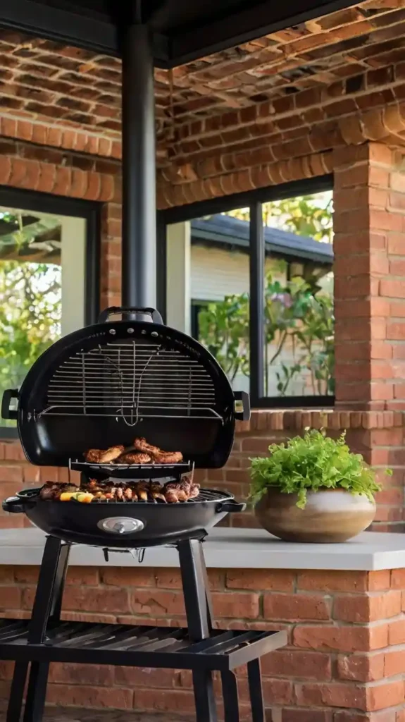 A cozy corner BBQ station featuring a black grill with a brick backdrop and overhead ventilation.