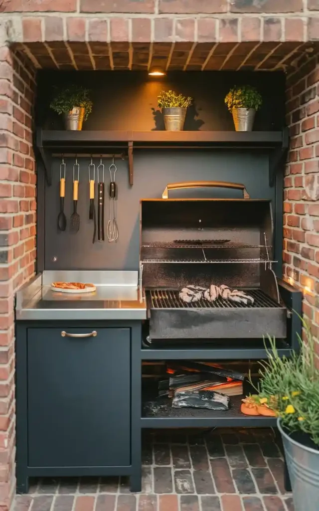 corner kitchen with built-in BBQ, storage, and stainless steel counter