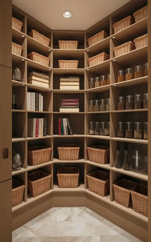 Corner shelving in a pantry designed to maximize storage space.