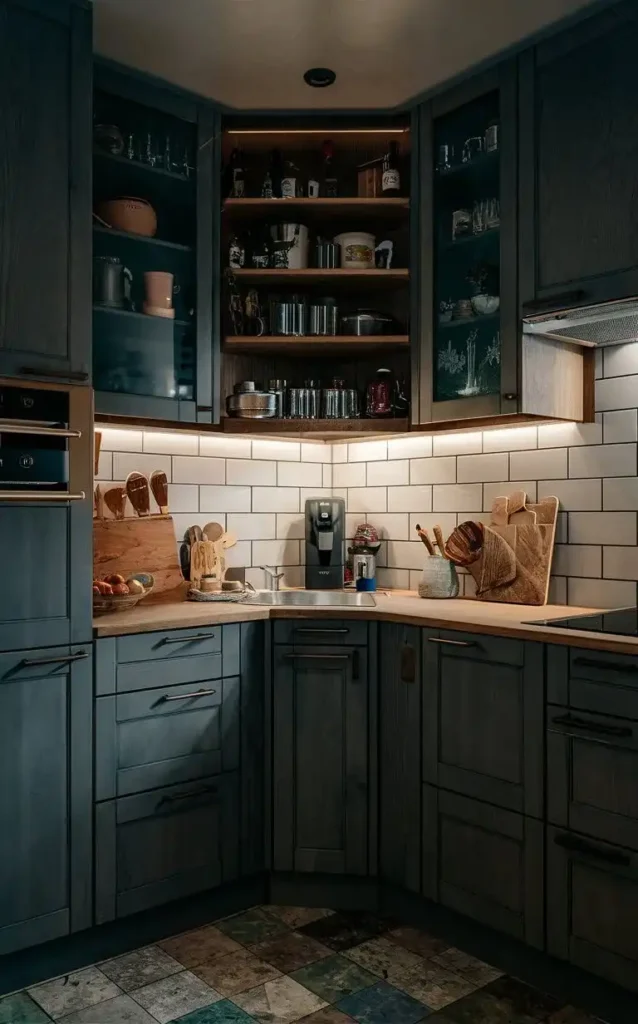 A modern kitchen with a corner sink, dark cabinetry, and open shelving.