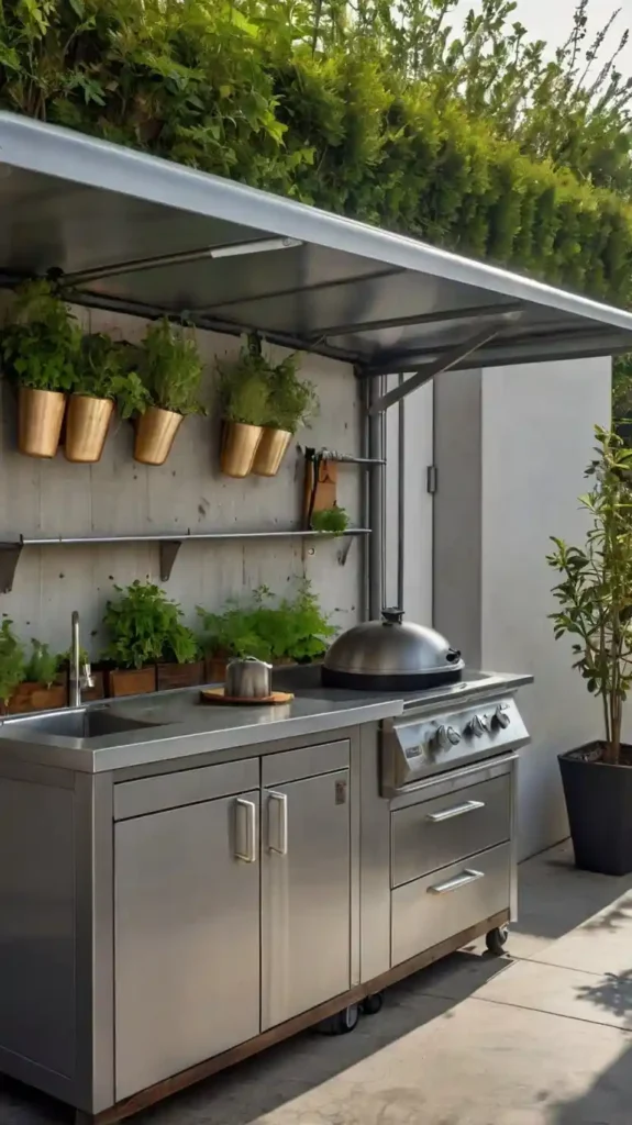 covered outdoor kitchen with stainless steel appliances and vertical herb garden