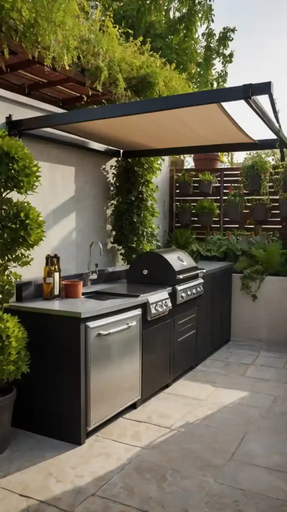 Covered outdoor kitchen with retractable awning, built-in grill, sink, dishwasher, and lush greenery, creating a sleek, modern space.