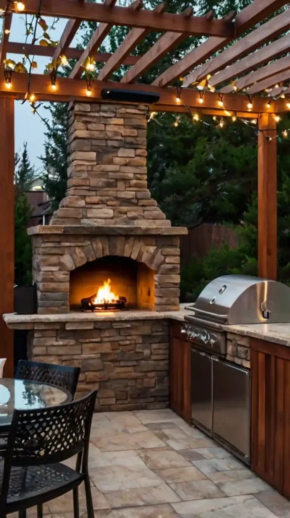 A cozy outdoor kitchen featuring a stone fireplace, grill, and pergola adorned with string lights.