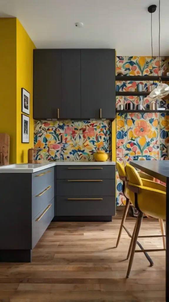 modern kitchen with dark grey cabinets, vibrant floral backsplash, and yellow accents