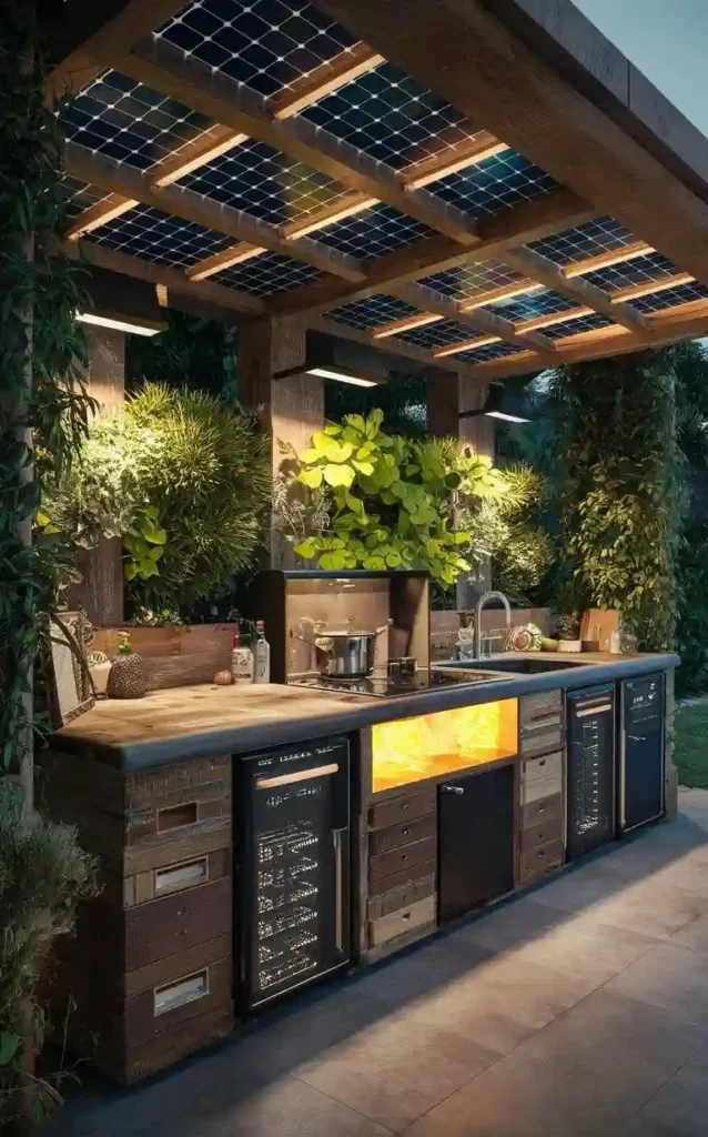 An eco-friendly outdoor kitchen with solar panels, lush greenery, and modern appliances.