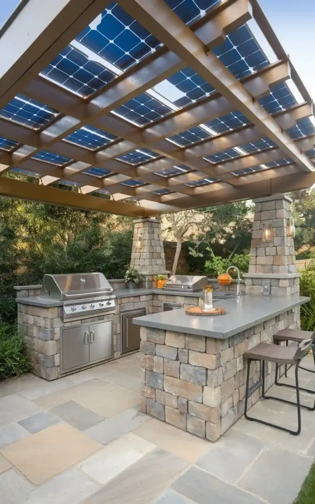 This eco-friendly outdoor kitchen features solar panels for sustainable energy, alongside modern stainless steel appliances and a stylish stone finish.