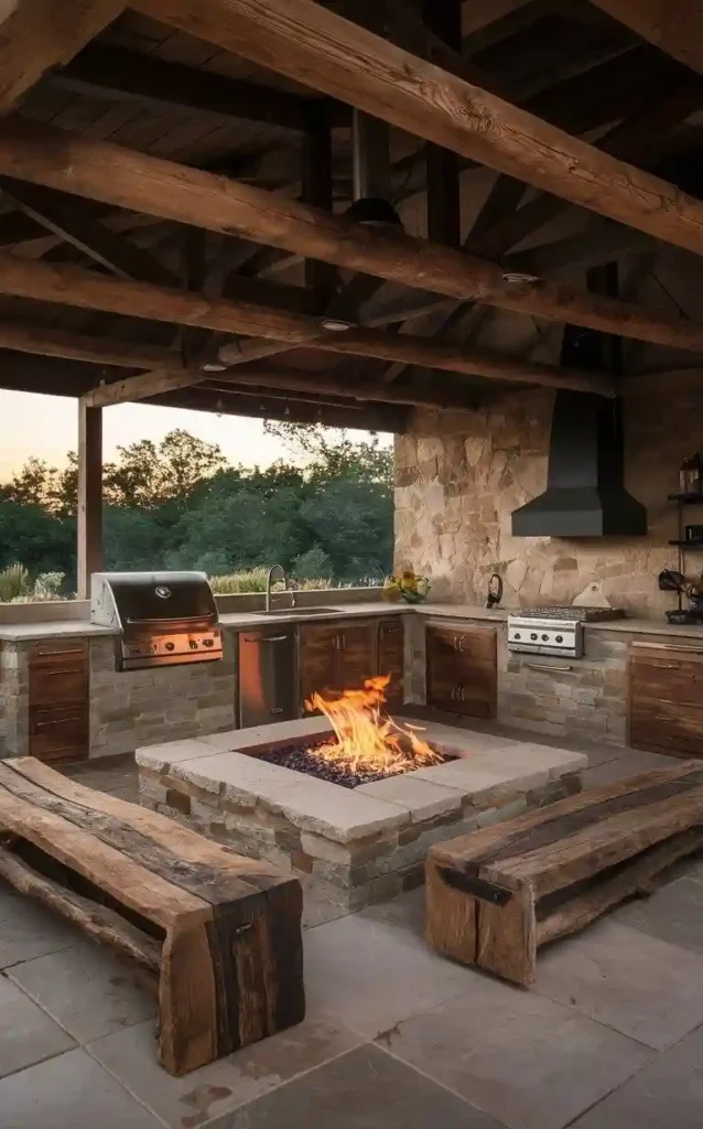 An outdoor kitchen with a built-in fire pit, stone countertops, and rustic wooden benches.