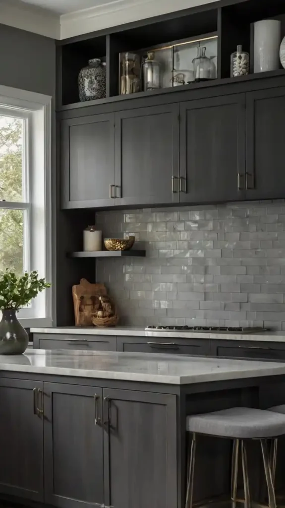 modern kitchen with floating grey cabinets, light grey backsplash, and marble countertops