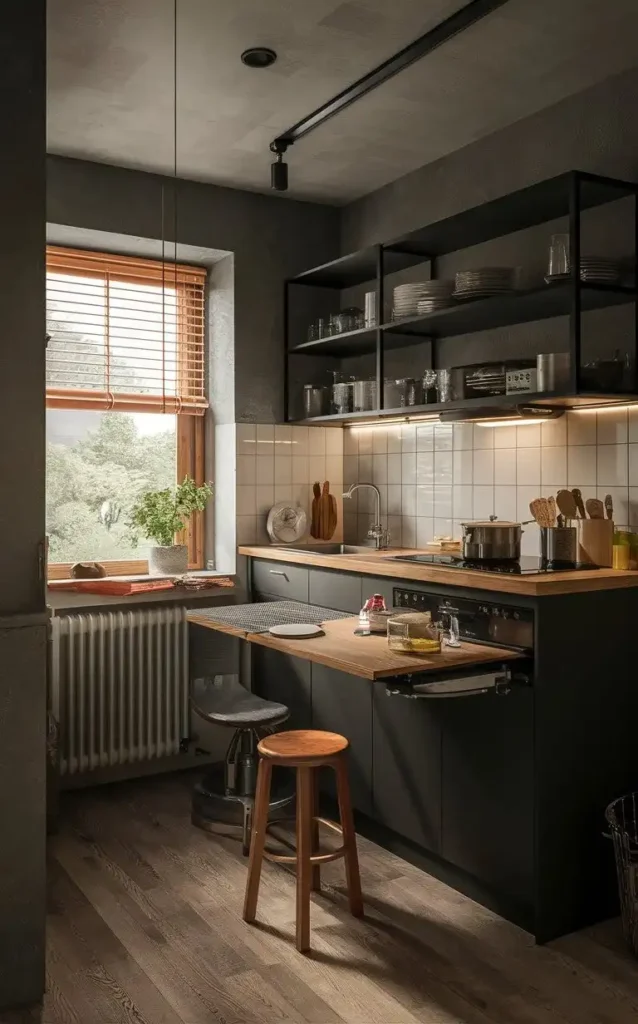 A modern kitchen with a fold-out table, black cabinetry, and open shelving.