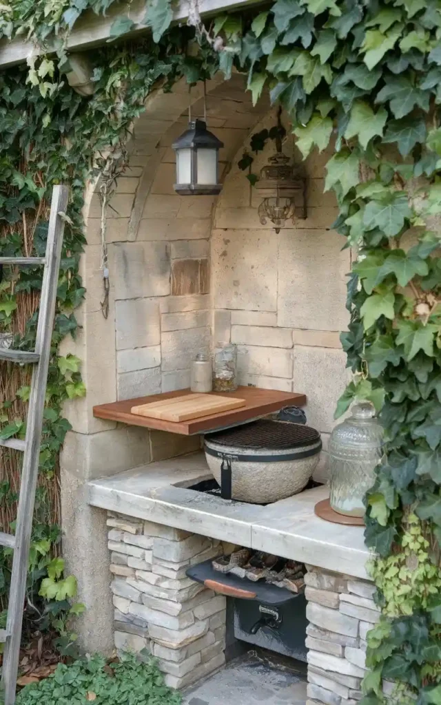 A quaint outdoor cooking station with a foldable wooden countertop and a stone grill nestled in an ivy-covered corner.