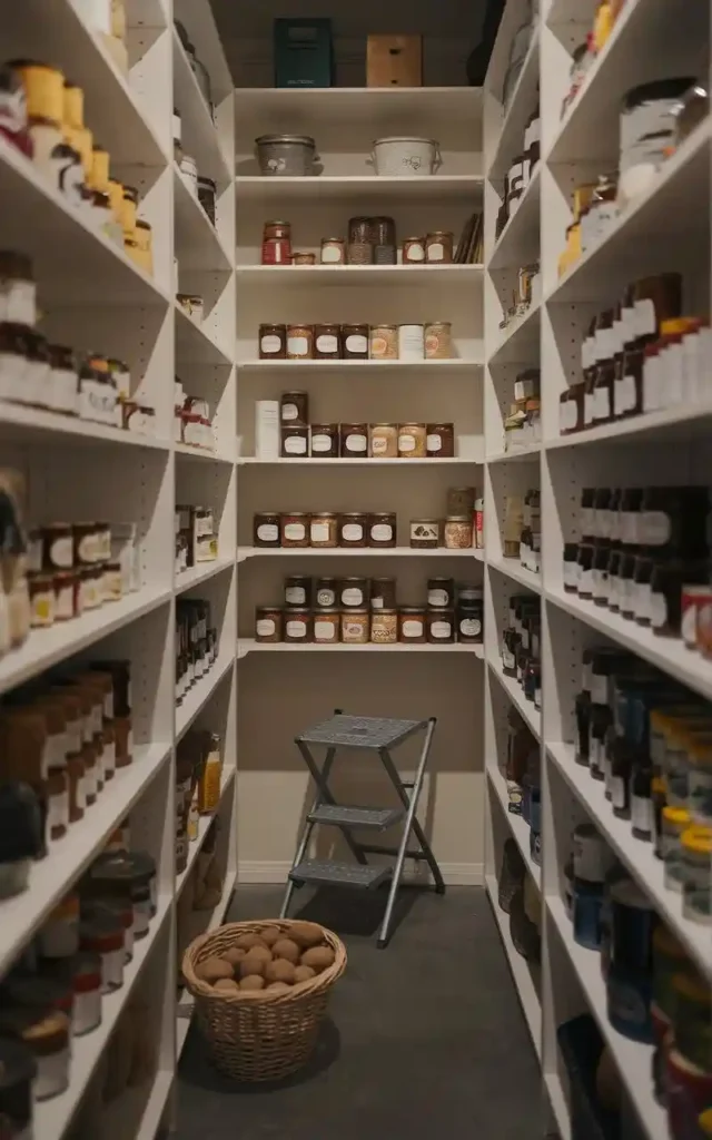 Foldable step stool in a pantry for easy access to high shelves.