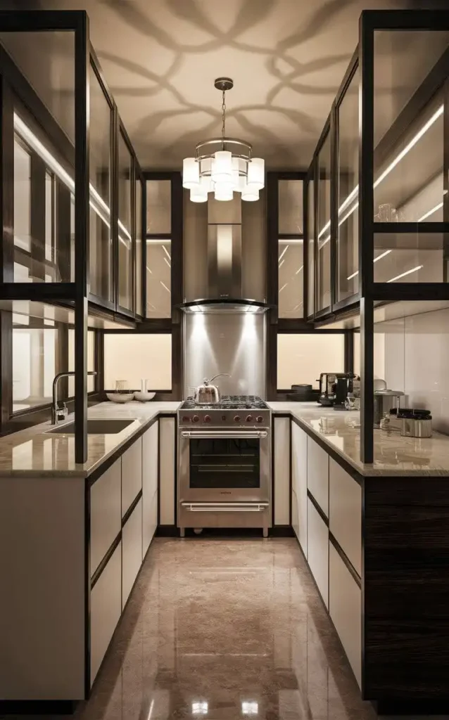 A modern kitchen featuring glass cabinet doors, a stainless steel range, and stylish lighting.