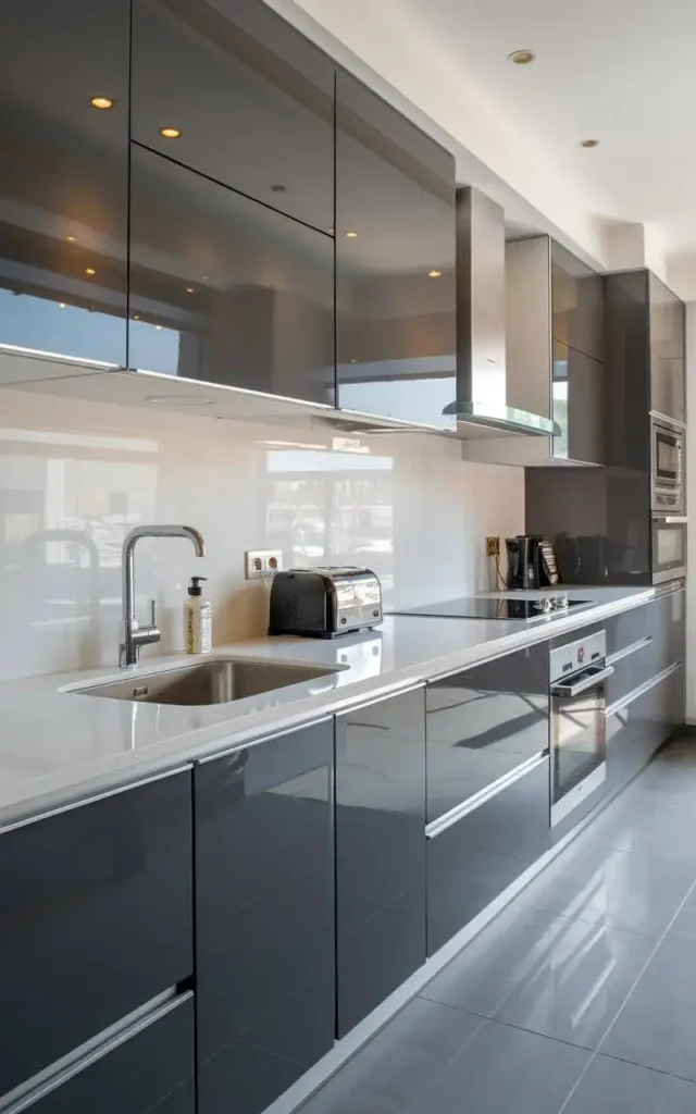 modern kitchen with glossy grey cabinets and sleek appliances