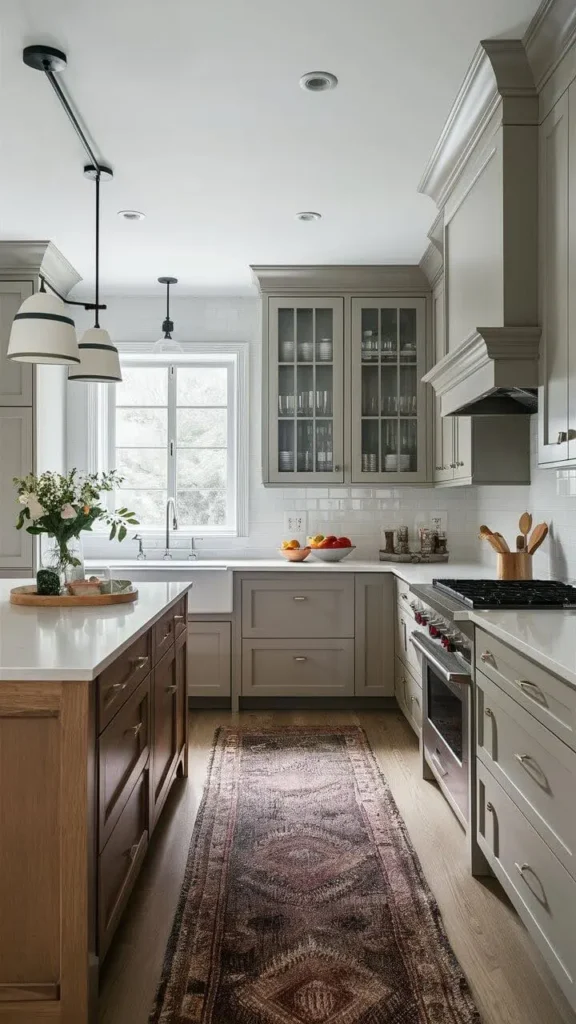 Greige kitchen with wooden accents and a patterned rug.