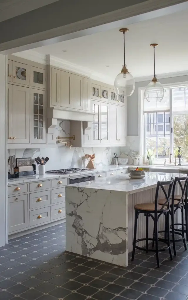 elegant kitchen with grey cabinets and marble countertops and island