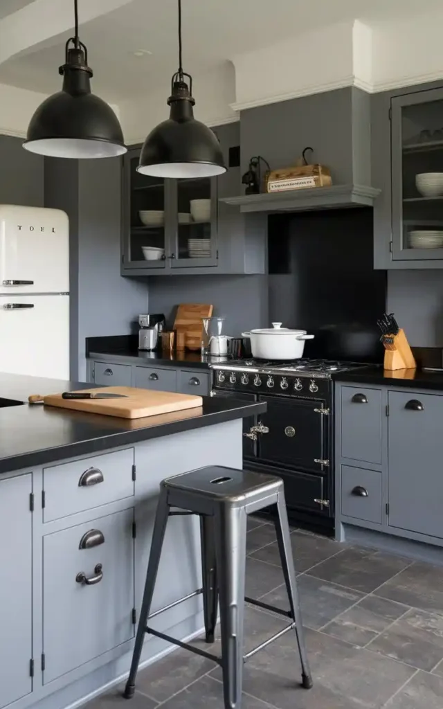 grey kitchen cabinets with black accents and industrial lighting