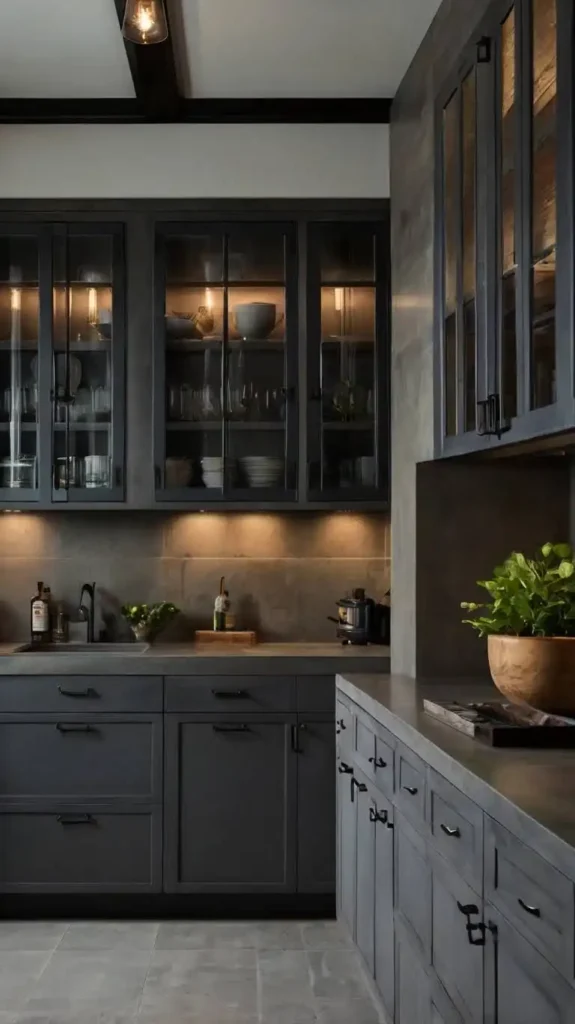 grey kitchen cabinets with concrete countertops and industrial lighting