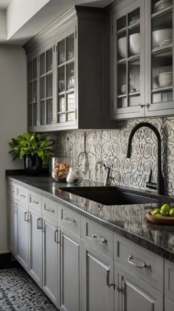 grey kitchen cabinets with geometric patterned backsplash and dark countertops