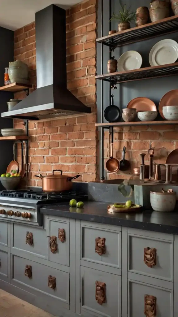 grey kitchen cabinets with copper accents and open shelving against an exposed brick wall.