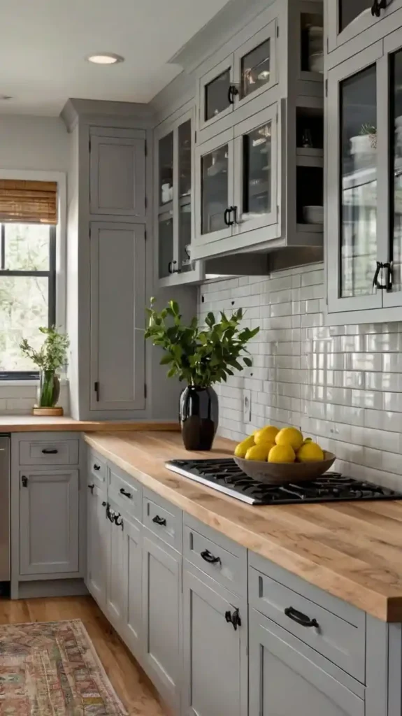 grey kitchen cabinets with a subway tile backsplash and wooden countertops