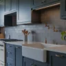 grey kitchen cabinets with a farmhouse sink and brass fixtures