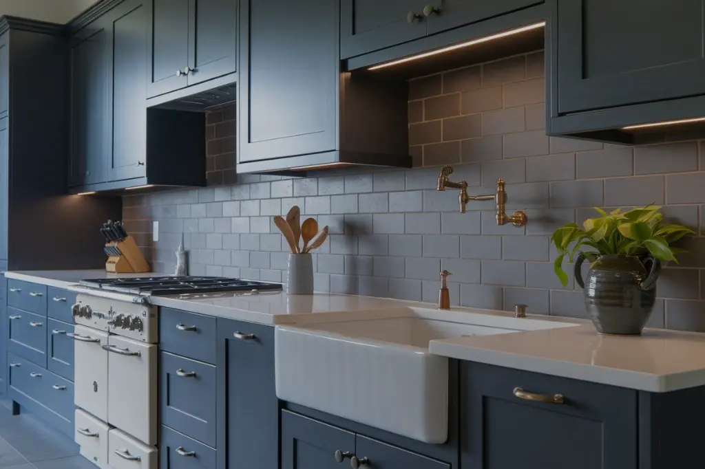 grey kitchen cabinets with a farmhouse sink and brass fixtures