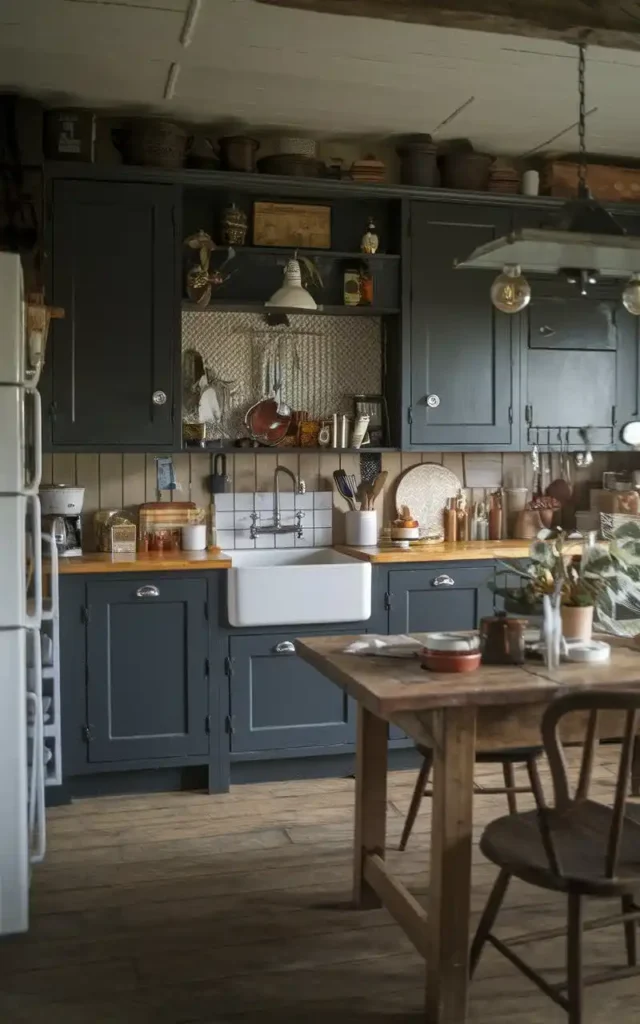 grey shaker cabinets in a rustic kitchen with farmhouse sink and wooden countertops