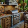 A rustic outdoor kitchen featuring heat resistant materials such as granite countertops, a stainless steel grill, and wooden cabinetry surrounded by greenery.