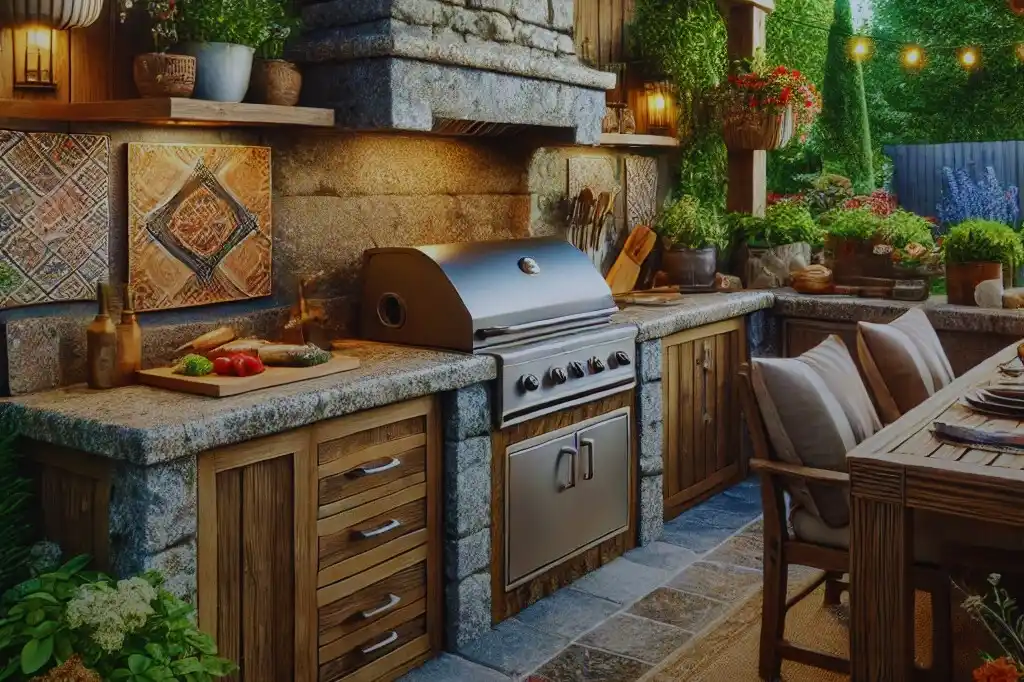 A rustic outdoor kitchen featuring heat resistant materials such as granite countertops, a stainless steel grill, and wooden cabinetry surrounded by greenery.