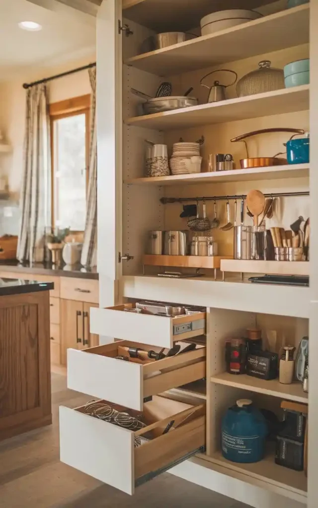 Hidden drawers in a kitchen cabinet providing extra storage space.