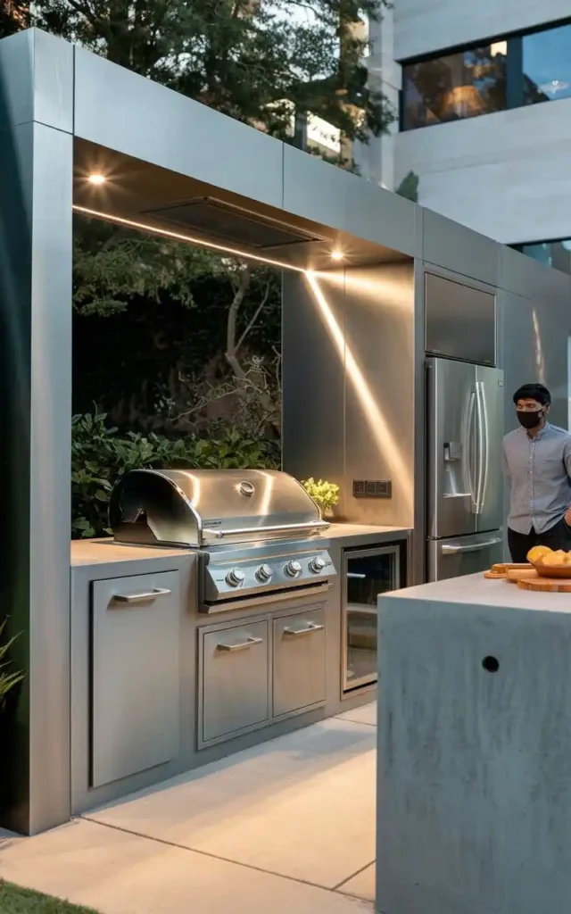 This high-tech outdoor kitchen is equipped with smart appliances, featuring sleek stainless steel finishes and integrated lighting for a contemporary look.