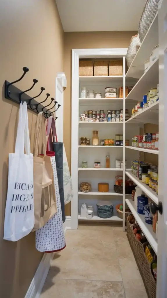 Optimize your pantry space with hooks for hanging storage, perfect for organizing bags and essential items.