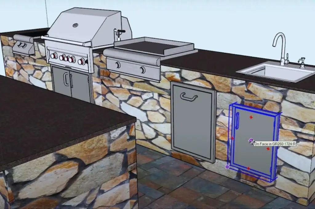 3D rendering of an outdoor kitchen featuring a grill, countertops, and a sink. It tells us how to build outdoor kitchen in a best way