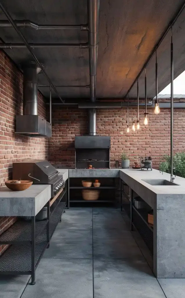 An industrial-style outdoor kitchen with concrete countertops, brick walls, and modern appliances.