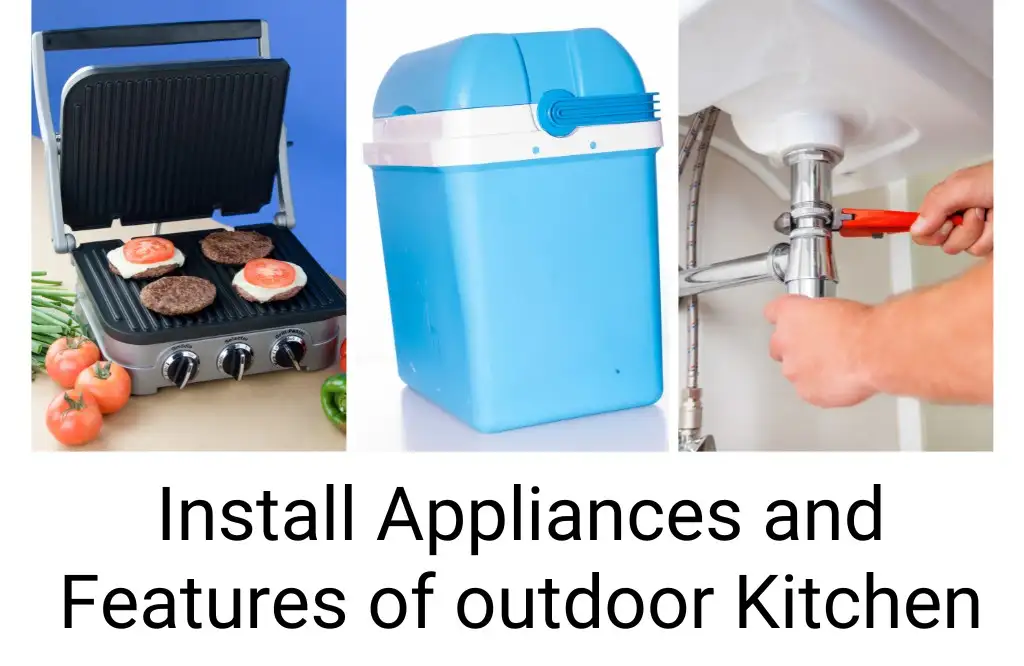 Collage showing an indoor grill, a cooler, and plumbing installation for an outdoor kitchen.