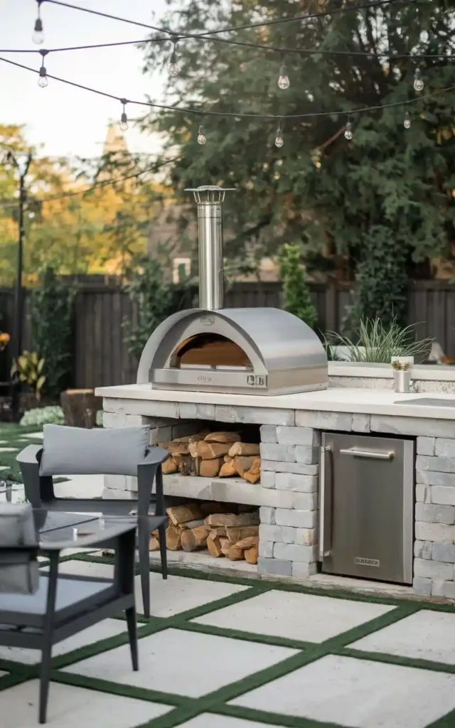 This integrated pizza oven combines modern design with functionality, offering a stylish cooking solution for outdoor gatherings.