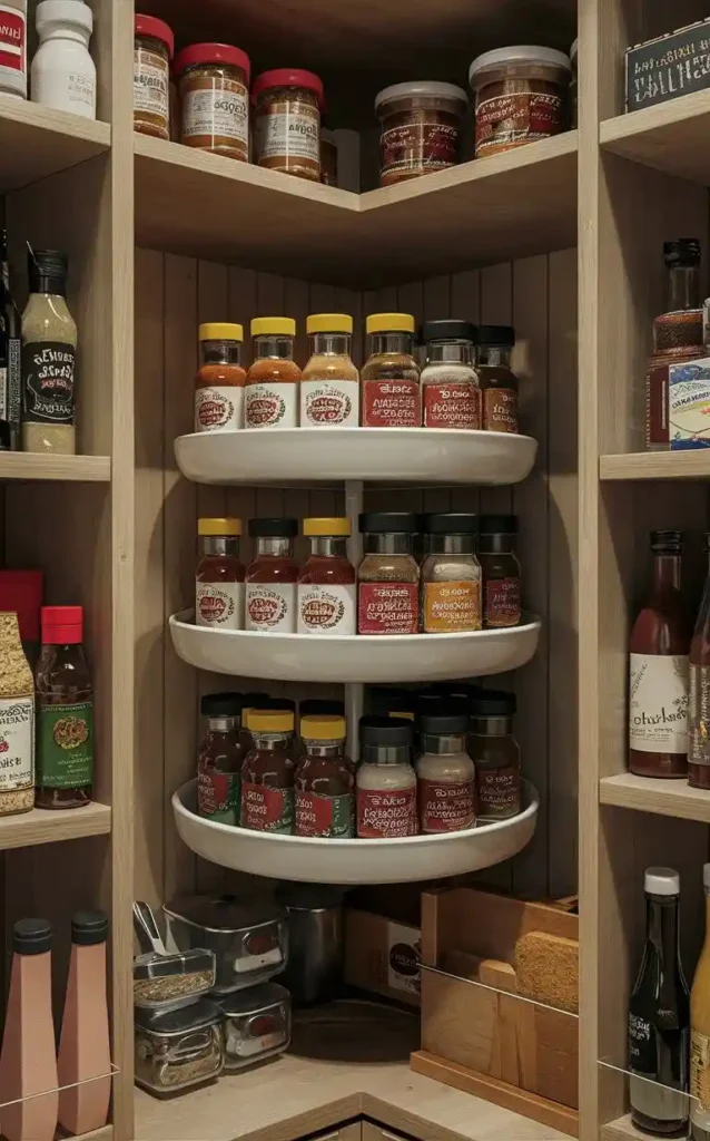 Optimize your pantry space with lazy Susans for easy access to small items and spices.