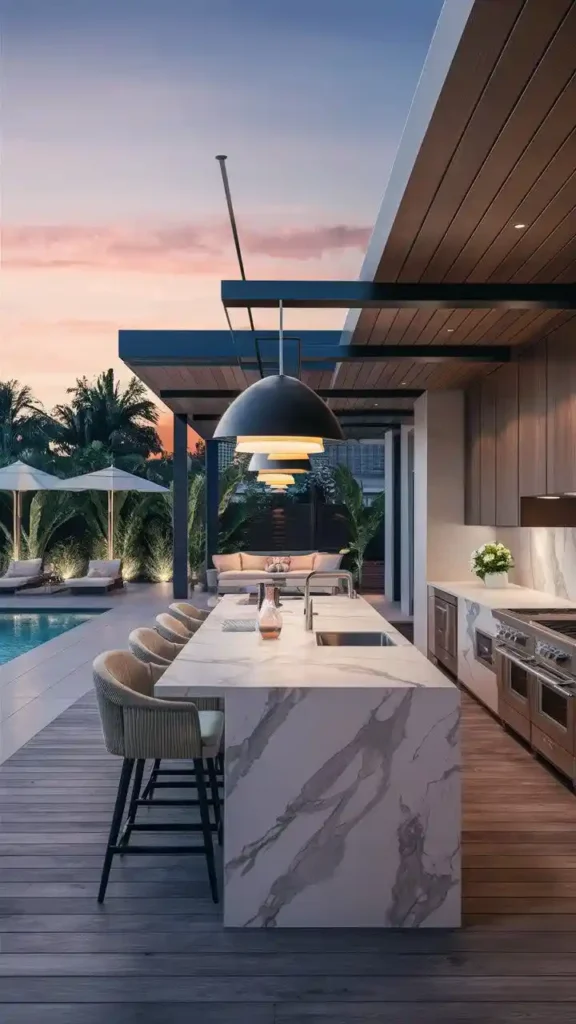 A luxury resort-style outdoor kitchen with a marble island, modern appliances, and a view of the pool at sunset.