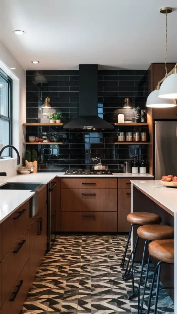 Modern kitchen with black backsplash, wooden cabinets, and patterned floor.